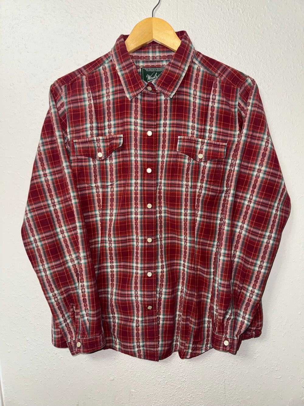 Woolrich Plaid Button Up Pearl Snap Top Women's XL Southwestern Fall Embroidered